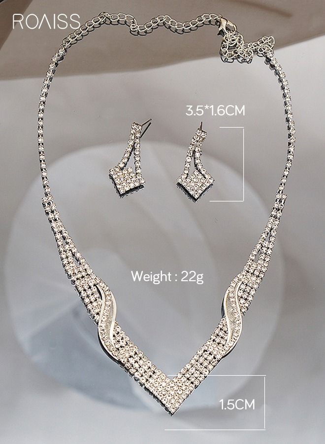 roaiss 3 Pcs Rhinestone Necklace Earrings Set Flash Diamond V-neck Collar Chain Ear Drop Dangle Bridal Evening Dress Accessories for Women Silver/Clear  - Image 5