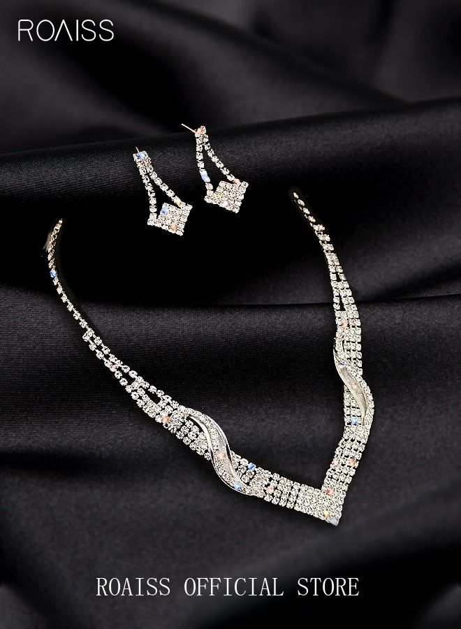 roaiss 3 Pcs Rhinestone Necklace Earrings Set Flash Diamond V-neck Collar Chain Ear Drop Dangle Bridal Evening Dress Accessories for Women Silver/Clear  - Image 4