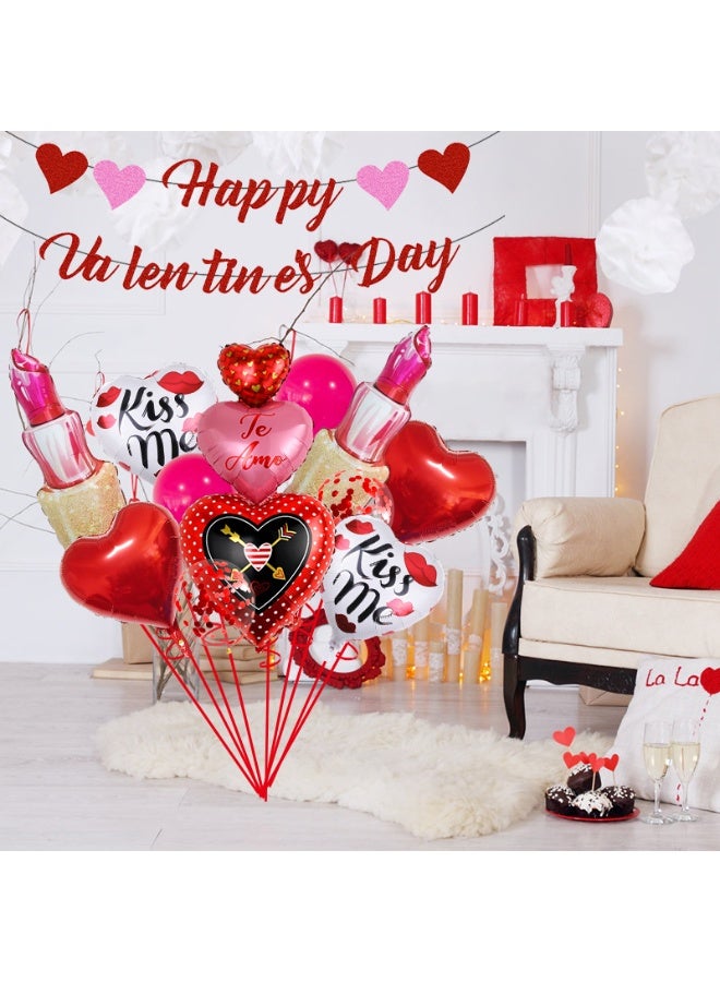 Happy Valentine's Day Balloon Decoration Set with Heart Foil Balloons, Lipstick Balloons, Kiss Me Balloons, Glitter Banner, Red Pink White, 12 Pieces - Image 5