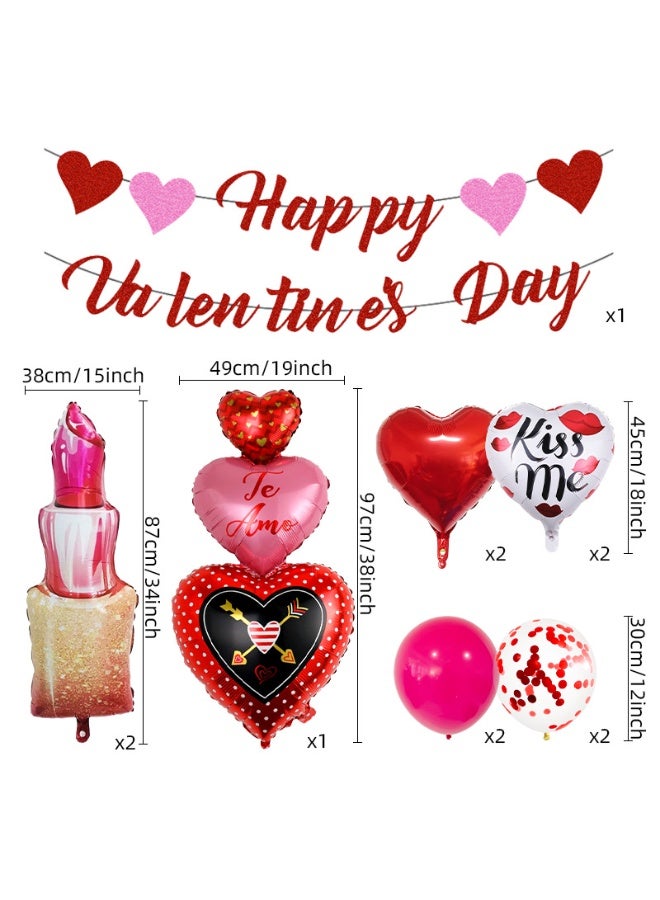 Happy Valentine's Day Balloon Decoration Set with Heart Foil Balloons, Lipstick Balloons, Kiss Me Balloons, Glitter Banner, Red Pink White, 12 Pieces - Image 2