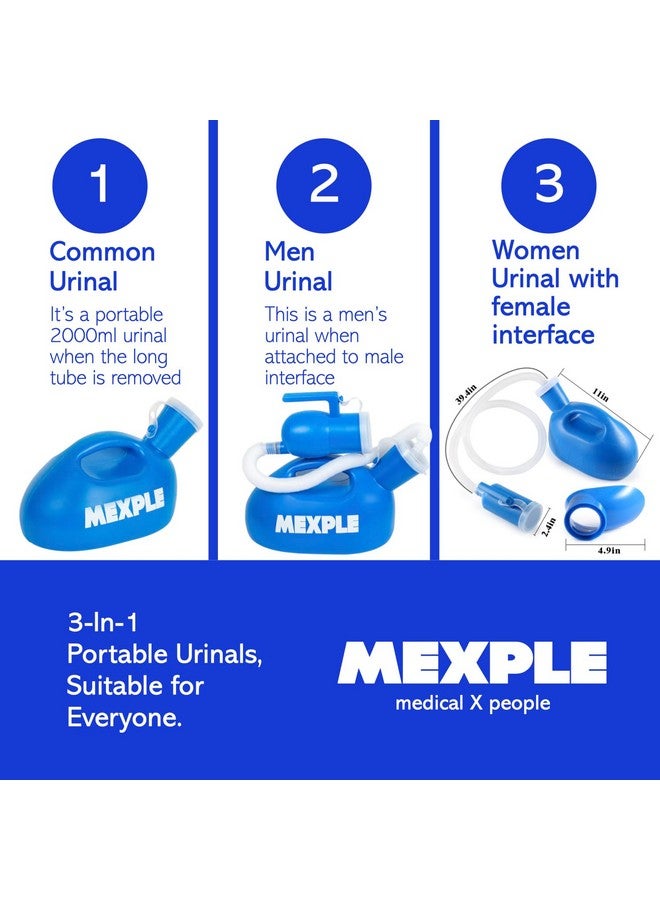 MEXPLE مجموعة زجاجة البول MEXPLE UroMaX2 للرجال والنساء المقعدين، زجاجة بول طبية آمنة وسميكة بسعة 2000 مل مع أنبوب بطول 1.6 م للمرضى المقعدين، النساء الحوامل والأنشطة الخارجية، زرقاء - Image 3