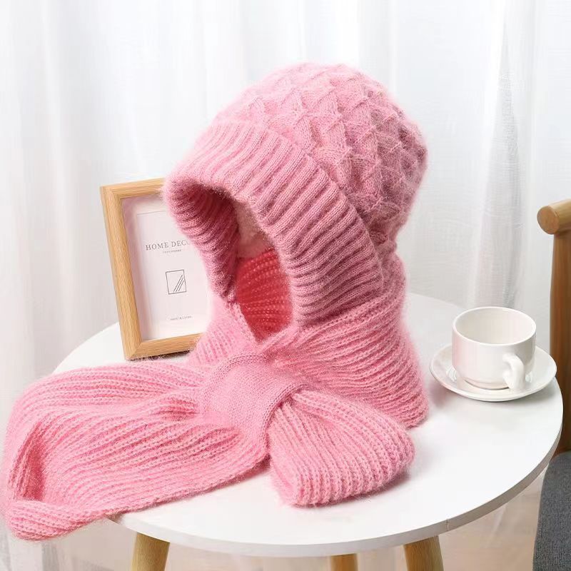 Knitted Hat Scarf Set Women Winter Thick Fleece Fashion Peach pollen