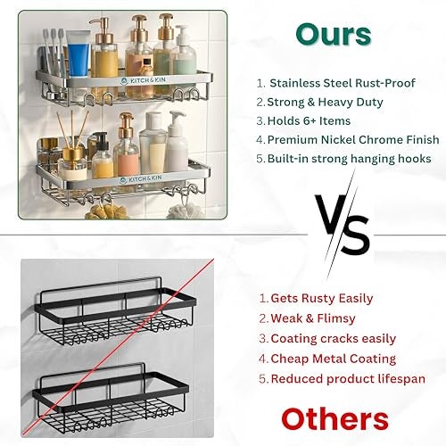 KITCH & KIN 2-Piece Stainless Steel Bathroom & Washroom Organizer Shelf – Dual Mount Wall Storage Rack with Self Adhesive or Drill Option, Space-Saving Kitchen Organiser - Image 5