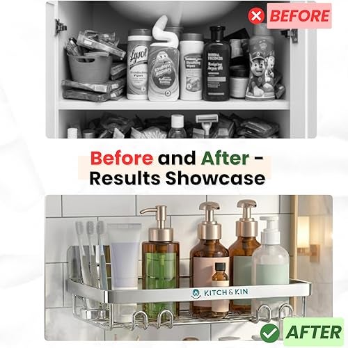 KITCH & KIN 2-Piece Stainless Steel Bathroom & Washroom Organizer Shelf – Dual Mount Wall Storage Rack with Self Adhesive or Drill Option, Space-Saving Kitchen Organiser - Image 4