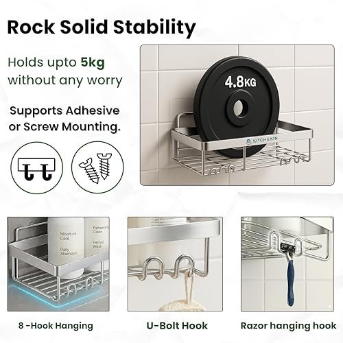 KITCH & KIN 2-Piece Stainless Steel Bathroom & Washroom Organizer Shelf – Dual Mount Wall Storage Rack with Self Adhesive or Drill Option, Space-Saving Kitchen Organiser - Image 3