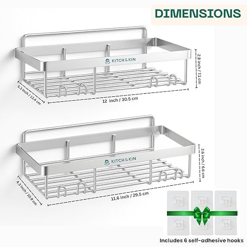 KITCH & KIN 2-Piece Stainless Steel Bathroom & Washroom Organizer Shelf – Dual Mount Wall Storage Rack with Self Adhesive or Drill Option, Space-Saving Kitchen Organiser - Image 2