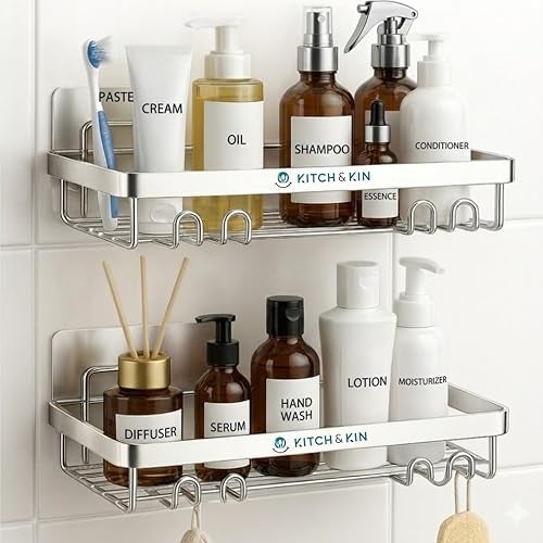 KITCH & KIN 2-Piece Stainless Steel Bathroom & Washroom Organizer Shelf – Dual Mount Wall Storage Rack with Self Adhesive or Drill Option, Space-Saving Kitchen Organiser - Image 1