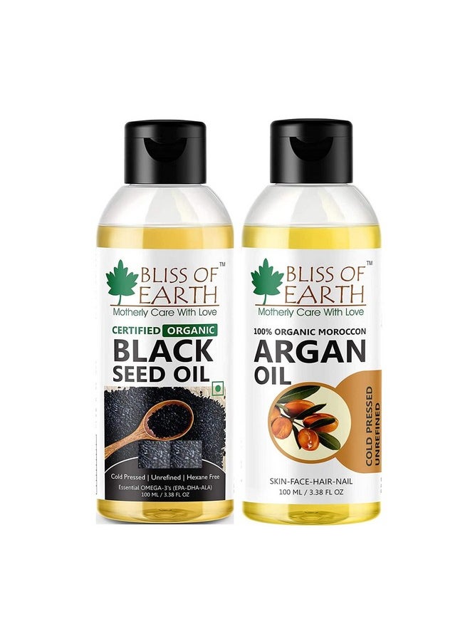 BLISS OF EARTH - 100Ml Certified Organic Black Seed Oil+Argan Oil Of Morocco For Face, Hair & Skin, Cold Pressed & Unrefined, 100Ml (Pack Of 2) - Image 1