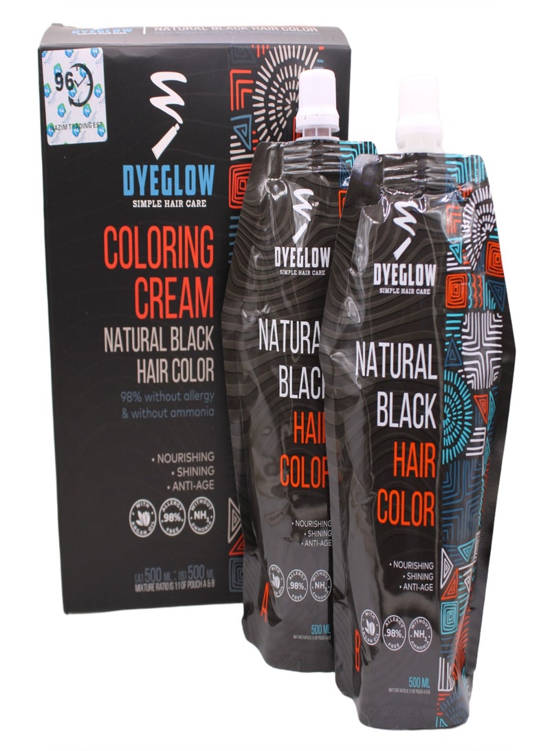 DYEGLOW HAIR COLOR CREAM 96 NATURAL BLACK is an ammonia-free hair dye designed to provide rich, long-lasting natural black hair color while nourishing and protecting your hair. This product comes in a 500ml + 500ml packaging, ensuring you have enough for multiple applications. - Image 2