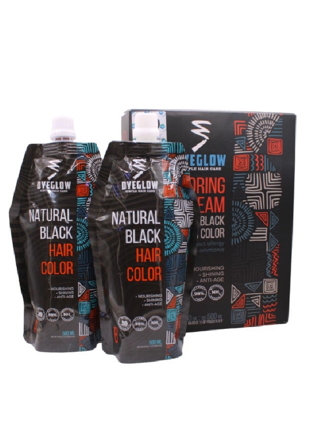 DYEGLOW HAIR COLOR CREAM 96 NATURAL BLACK is an ammonia-free hair dye designed to provide rich, long-lasting natural black hair color while nourishing and protecting your hair. This product comes in a 500ml + 500ml packaging, ensuring you have enough for multiple applications. - Image 1