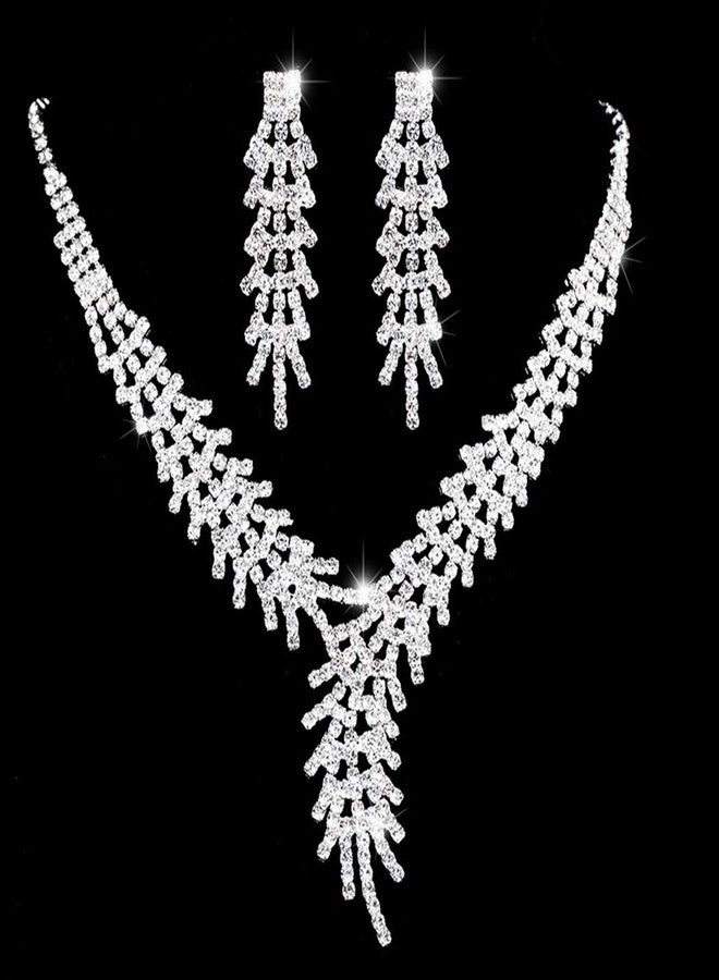 Unicra Bride Silver Necklace Earrings Set Crystal Bridal Wedding Jewelry Set Rhinestone Bridesmaid Choker Necklace Drop Dangle Earrings Sets for Women and Brides - Image 1