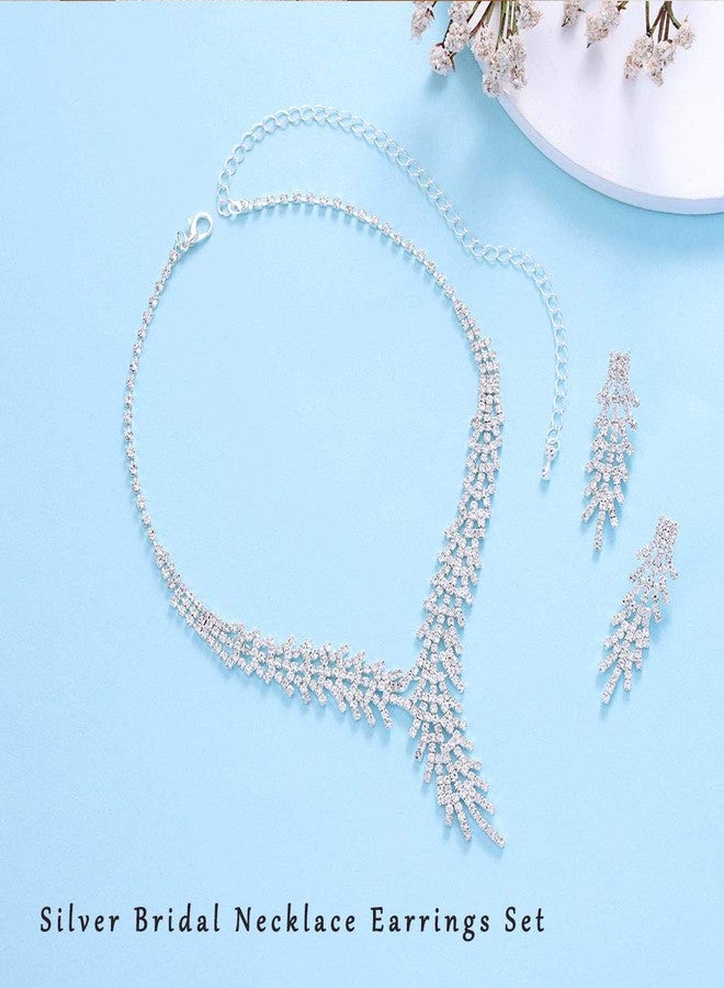 Unicra Bride Silver Necklace Earrings Set Crystal Bridal Wedding Jewelry Set Rhinestone Bridesmaid Choker Necklace Drop Dangle Earrings Sets for Women and Brides - Image 3
