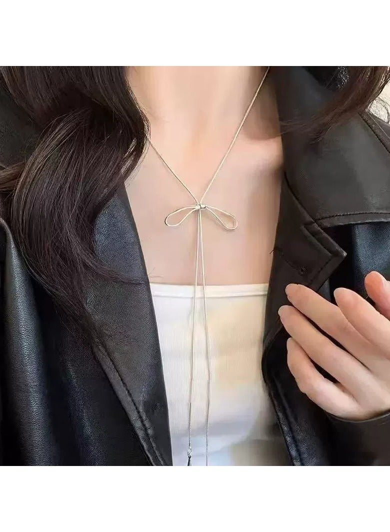 Goolsky Silver Bow Adjustable Lariat Necklace for Women – Minimalist Long Pendant Chain, Korean INS Style Chic Clavicle Jewelry  - Image 1