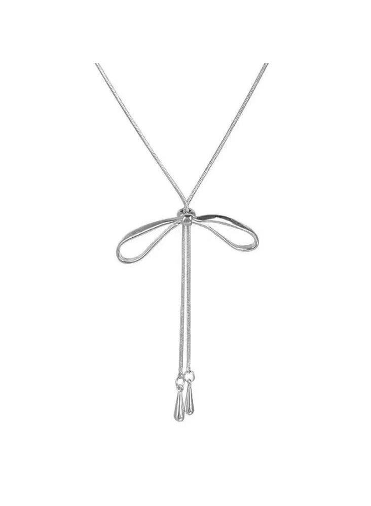 Goolsky Silver Bow Adjustable Lariat Necklace for Women – Minimalist Long Pendant Chain, Korean INS Style Chic Clavicle Jewelry  - Image 3