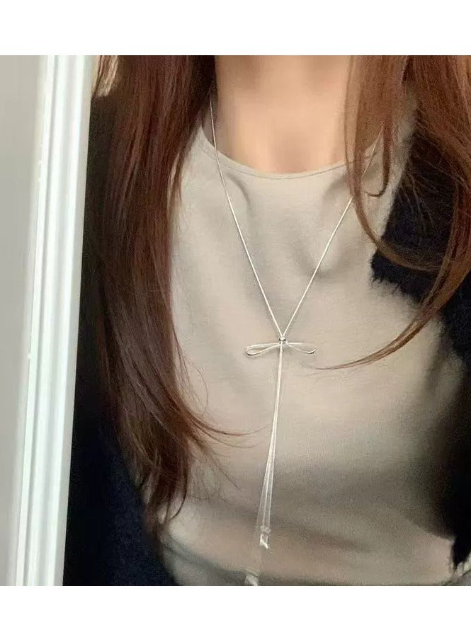 Goolsky Silver Bow Adjustable Lariat Necklace for Women – Minimalist Long Pendant Chain, Korean INS Style Chic Clavicle Jewelry  - Image 4