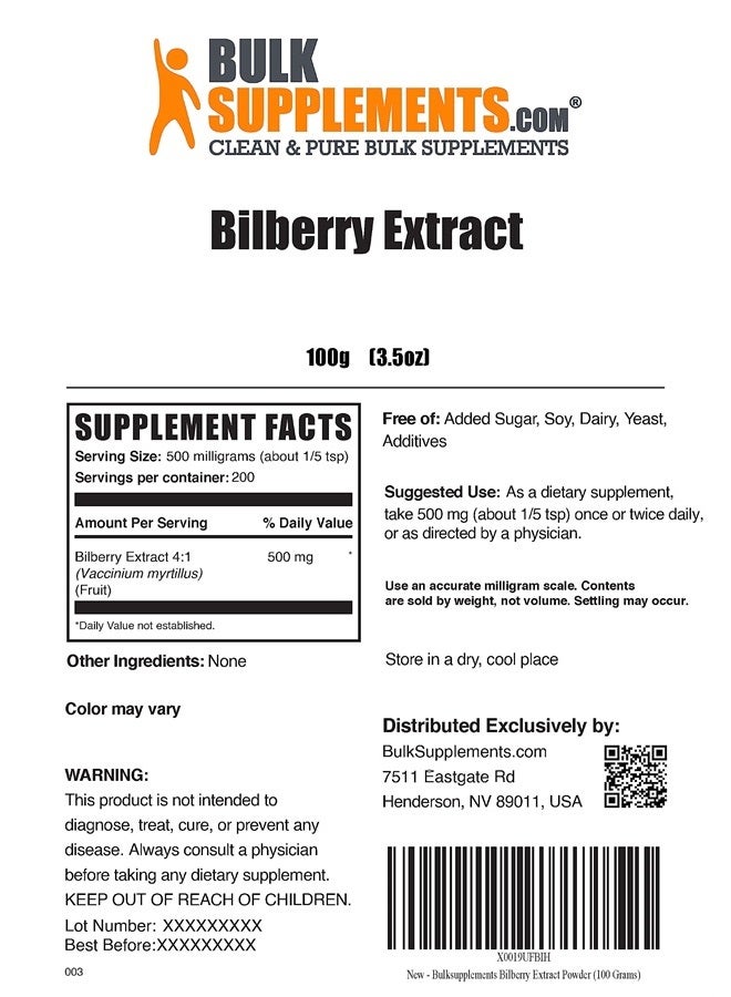BulkSupplements .com Bilberry Extract Powder - Antioxidant Powder - Eye Supplements - Vision Supplements - Anthocyanin Supplement - Bilberry Fruit Extract 1000mg Supplement (100 Grams - 3.5 oz) - Image 1