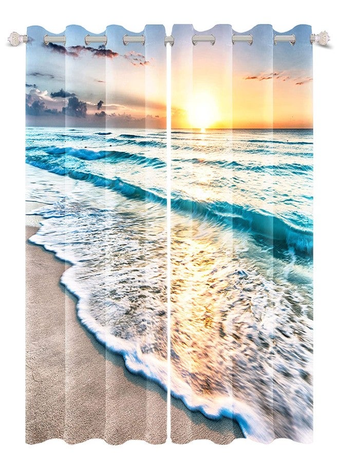 Renaiss Sea Sand Beach Window Curtains Sunset Clouds Blue Seashore Coastal Ocean Printing Window Treatment Darkening Privacy Blackout Durable Drapes for Bedroom Living Room Decor 42x84 Inch x 2 Panels - Image 1