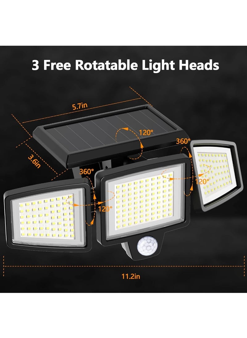 Solar Lights for Outdoor, 210 LED Beads 2500LM Motion Sensor Lights with Remote Control, IP65 Waterproof, 3 Heads Security LED Flood Light, 360° Wide Angle Illumination Wall Light with 3 Modes