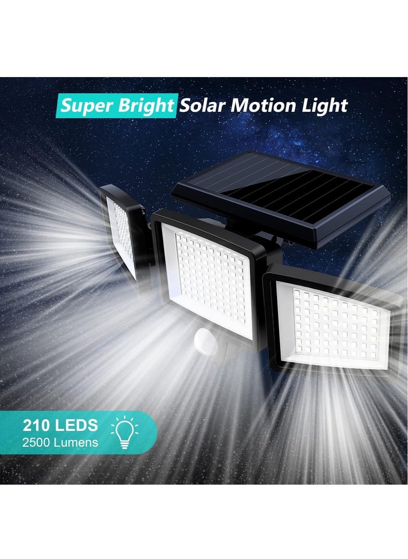 Solar Lights for Outdoor, 210 LED Beads 2500LM Motion Sensor Lights with Remote Control, IP65 Waterproof, 3 Heads Security LED Flood Light, 360° Wide Angle Illumination Wall Light with 3 Modes