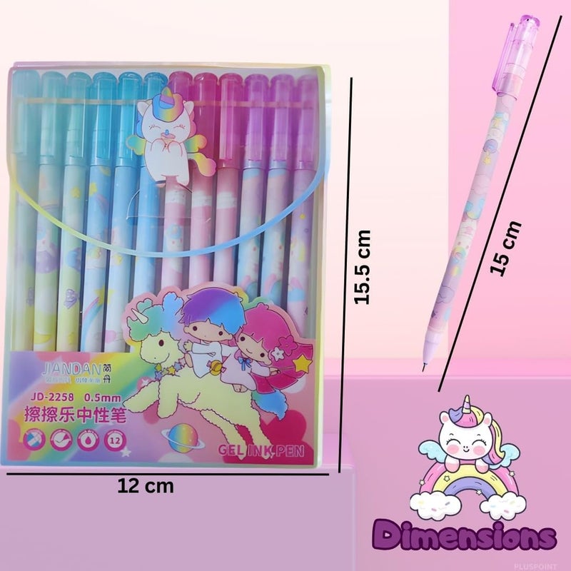 PLUSPOINT Unicorn Theme Gel Pens for Kids, 0.5mm Eraseable Blue Gel Pen Set of 12 for Girls & Boys, Adorable Colorful Pen for notes taking Project Work, Journal, Blue Ink,Stationery for kids adult - Image 5