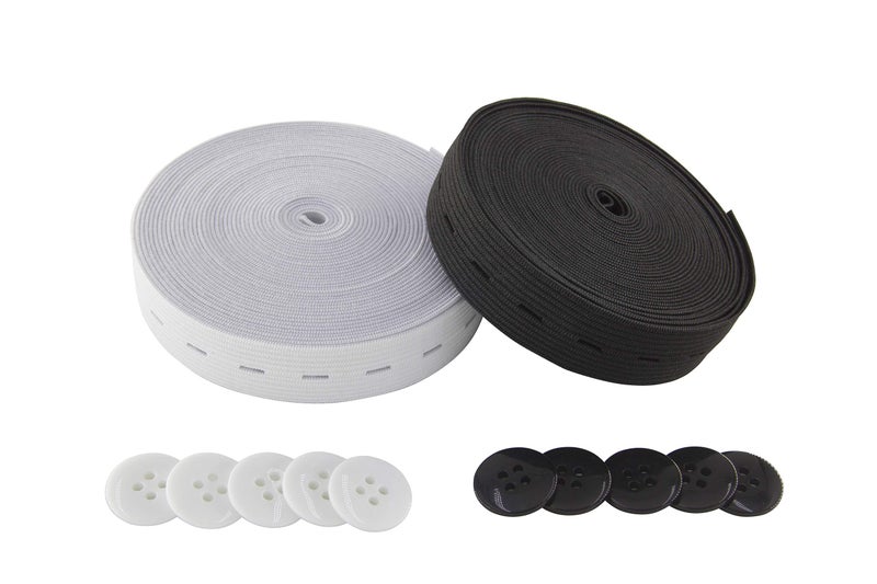 Flat Sewing Band Spool with Buttonholes Elastic Stretchable Ideal for DIY Waistbands and Necklines Black  White 34  5 Yds Each