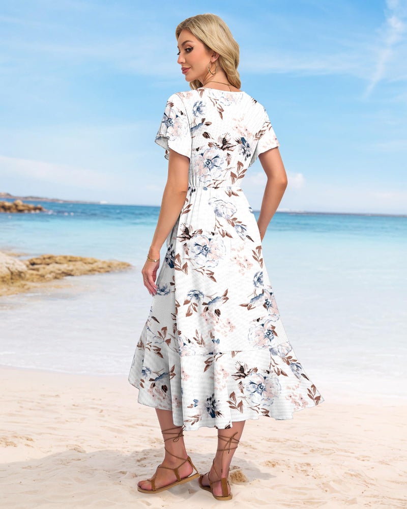 AUSELILY Women Summer Midi Dresses Wrap Short Flutter Sleeve V Neck Boho Slit Flowy Ruffle Dress Wedding Guest Dresses - Image 5