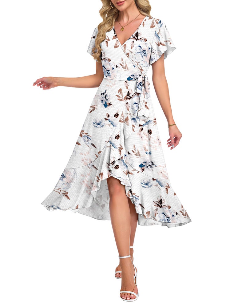 AUSELILY Women Summer Midi Dresses Wrap Short Flutter Sleeve V Neck Boho Slit Flowy Ruffle Dress Wedding Guest Dresses - Image 1