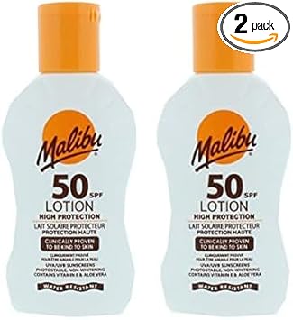 Malibu لوسيون ماليبو صن SPF 50 حماية عالية جداً كريم واقي من الشمس مقاوم للماء مستخلص فيتامين E و الألوة فيرا 100 مل عبوة من 2 - Image 1