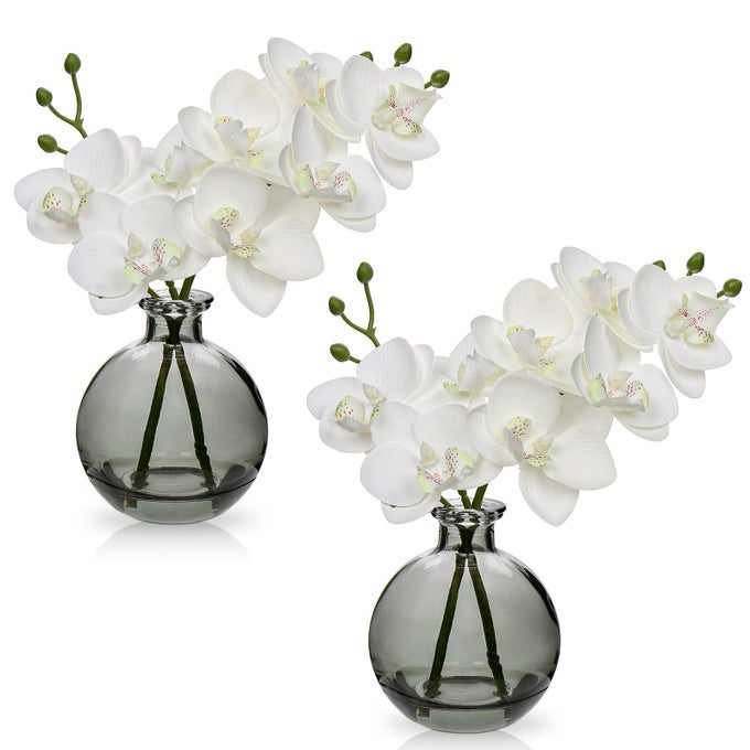 2PCS ARTIFICIAL WHITE ORCHID FLOWER IN VASE SMALL FAKE ORCHID PLANT WITH GLASS VASE DECORATIVE FAUX PHALAENOPSIS FOR WEDDING CENTERPIECE HOME DECOR LIVING ROOM BATHROOM DECORATIONS