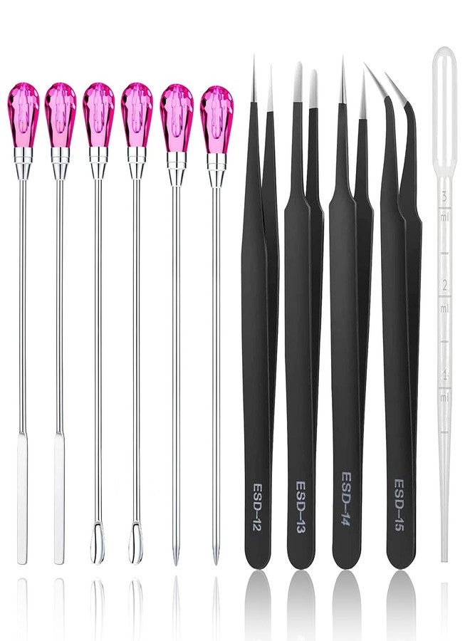 MSDADA 11 Pcs Silicone Resin Mold Tools Set Stirring Needle Spoon Tool Tweezers Precision Kit, Anti-Static Electronics Tweezers Set for Resin Art Crafts,Jewelry Making,DIY Epoxy Casting Molds(Rose Red) - Image 1