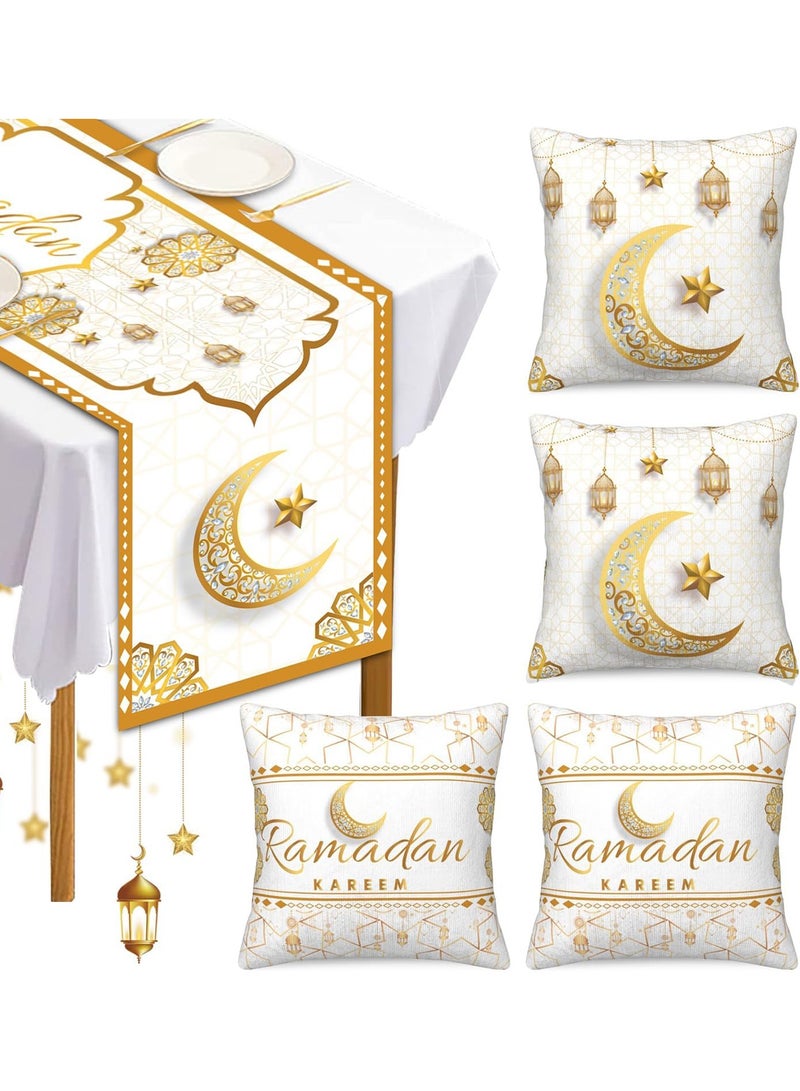 Sunnaltree 5PCS Table Runner Set,Kitchen Table Decoration,Holiday Kitchen Dining Table Runners Set for Home Party Decor, Ramadan and Eid Ramadan Party Decorations,1PC Table Runner, 2PC Pillow Cover (White) - Image 1