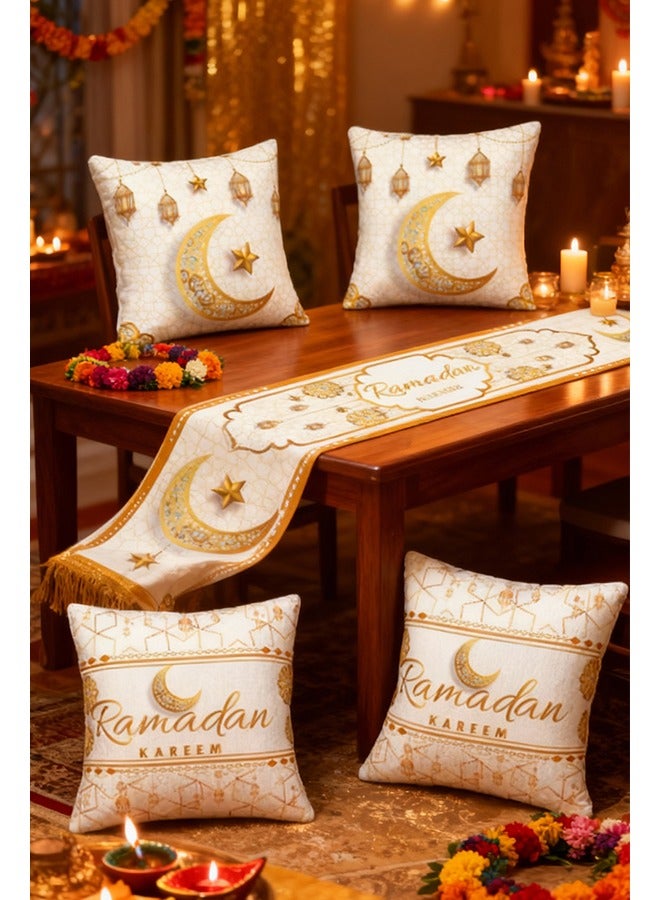 Sunnaltree 5PCS Table Runner Set,Kitchen Table Decoration,Holiday Kitchen Dining Table Runners Set for Home Party Decor, Ramadan and Eid Ramadan Party Decorations,1PC Table Runner, 2PC Pillow Cover (White) - Image 2