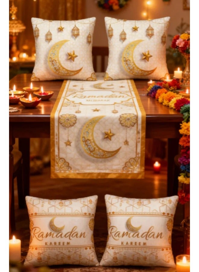 Sunnaltree 5PCS Table Runner Set,Kitchen Table Decoration,Holiday Kitchen Dining Table Runners Set for Home Party Decor, Ramadan and Eid Ramadan Party Decorations,1PC Table Runner, 2PC Pillow Cover (White) - Image 3