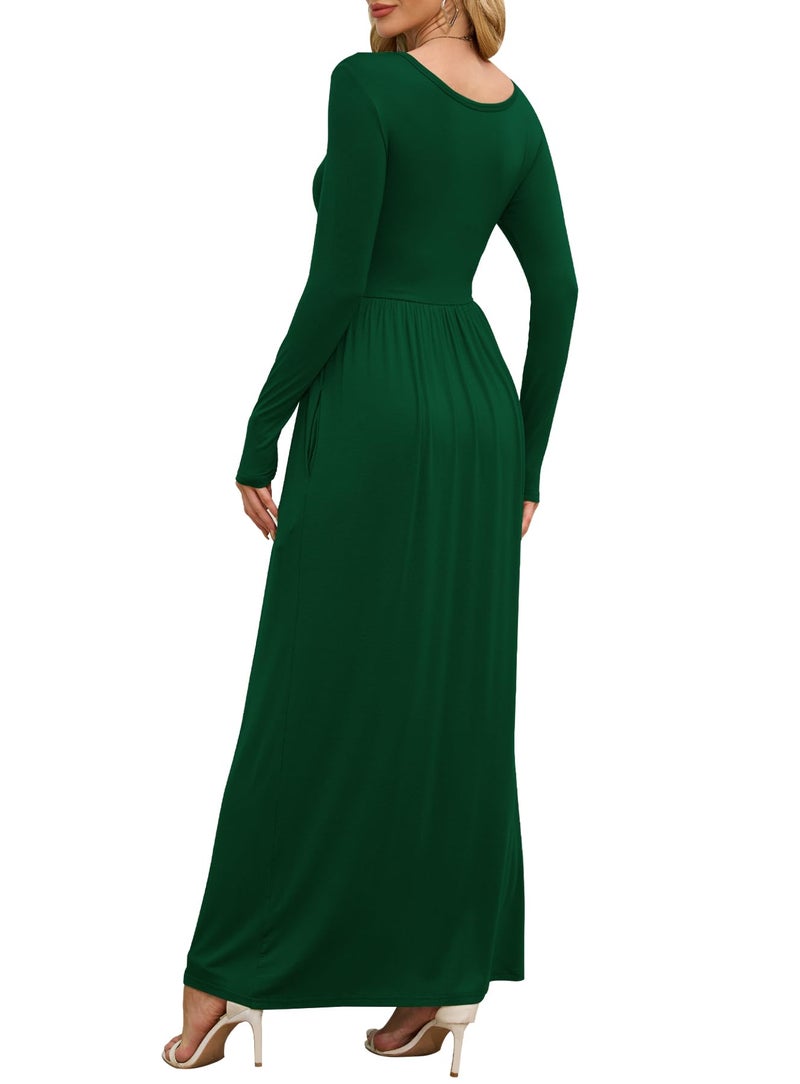 DEARCASE Maxi Dress for Women Dark Green Large Crewneck Long Sleeves Wedding Guest A-line Plain Casual Empire Waist Flowy Party Vintage Spring Fall Winter Floor Dresses with Pocket - Image 2