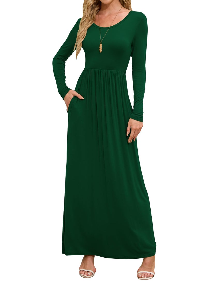 DEARCASE Maxi Dress for Women Dark Green Large Crewneck Long Sleeves Wedding Guest A-line Plain Casual Empire Waist Flowy Party Vintage Spring Fall Winter Floor Dresses with Pocket - Image 1