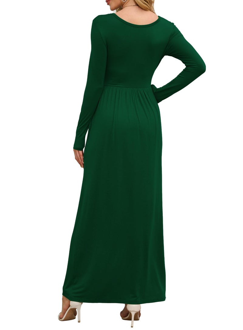 DEARCASE Maxi Dress for Women Dark Green Large Crewneck Long Sleeves Wedding Guest A-line Plain Casual Empire Waist Flowy Party Vintage Spring Fall Winter Floor Dresses with Pocket - Image 3