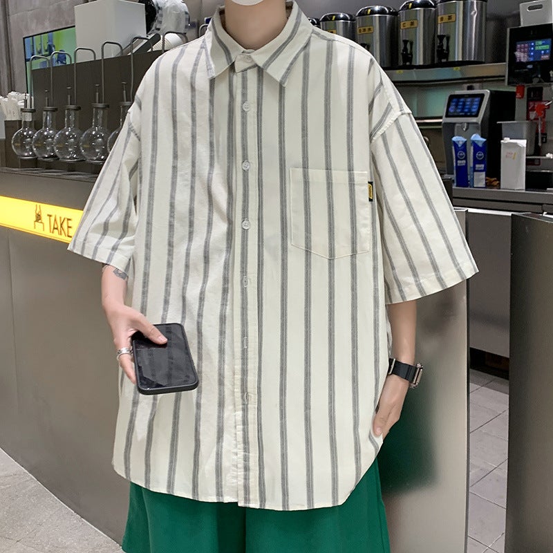 Short-sleeved Shirt Mens Japanese Style Retro Striped Jacket Summer Handsome Student Couples Half-sleeved Shirt Cardigan White