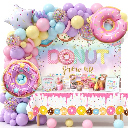 Winrayk 131Pcs Donut Birthday Party Decorations Supplies for Girls Donut Balloon Garland Arch Kit Grow Up Backdrop Tablecloth Star Sprinkle Foil Balloons Kids Baby Shower Sweet One Party Decorations - Image 1