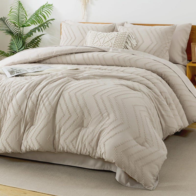 Litanika Comforter Full Size Set with Sheets Beige - 7 Pieces Bed in a Bag Full Chevron Tufted Complete Bedding Sets with Comforter, Sheets, Pillowcases & Shams - Image 1