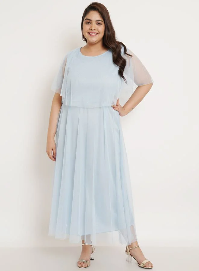 U&F Plus Mesh Insert Cape Sleeves A-Line Maxi Dress by Styli