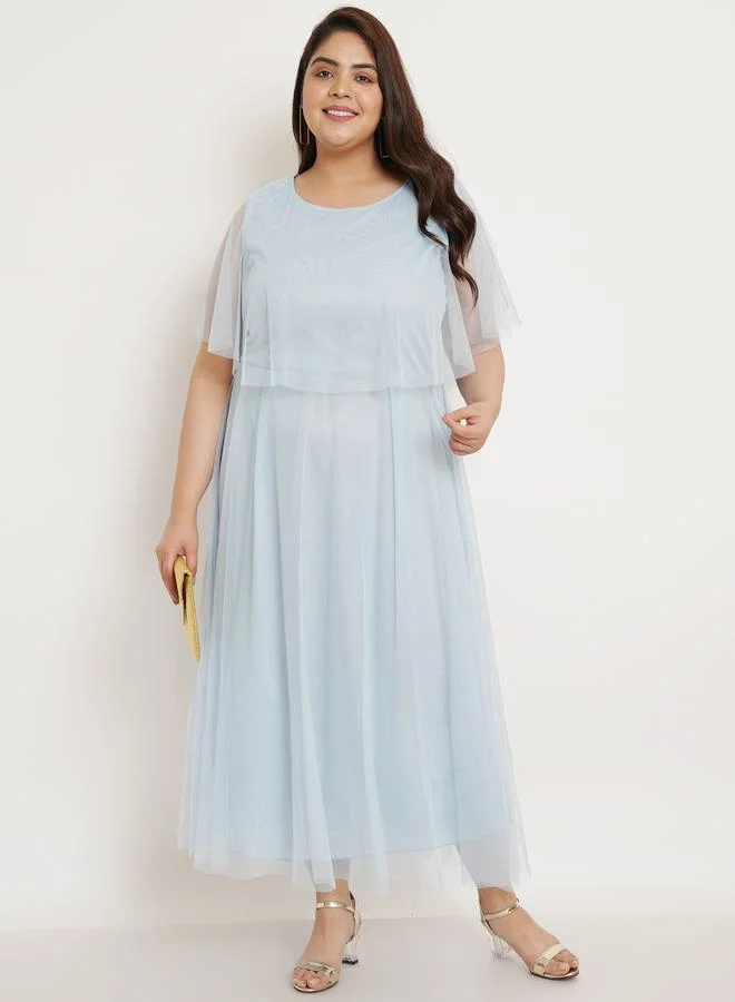 U&F Plus Mesh Insert Cape Sleeves A-Line Maxi Dress by Styli