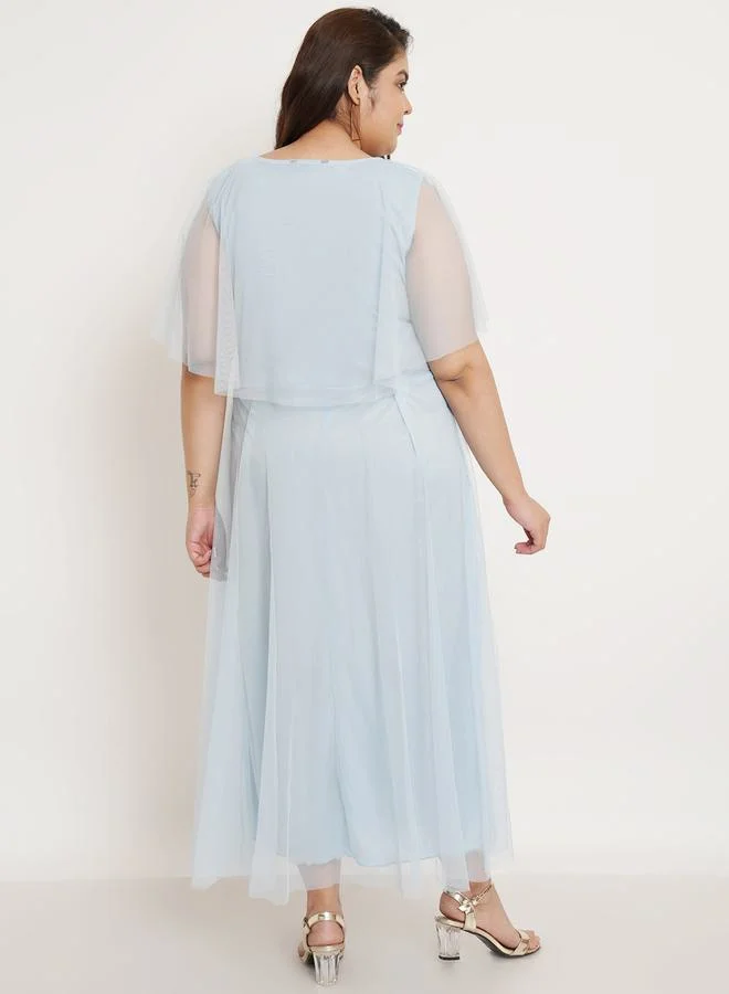 U&F Plus Mesh Insert Cape Sleeves A-Line Maxi Dress by Styli