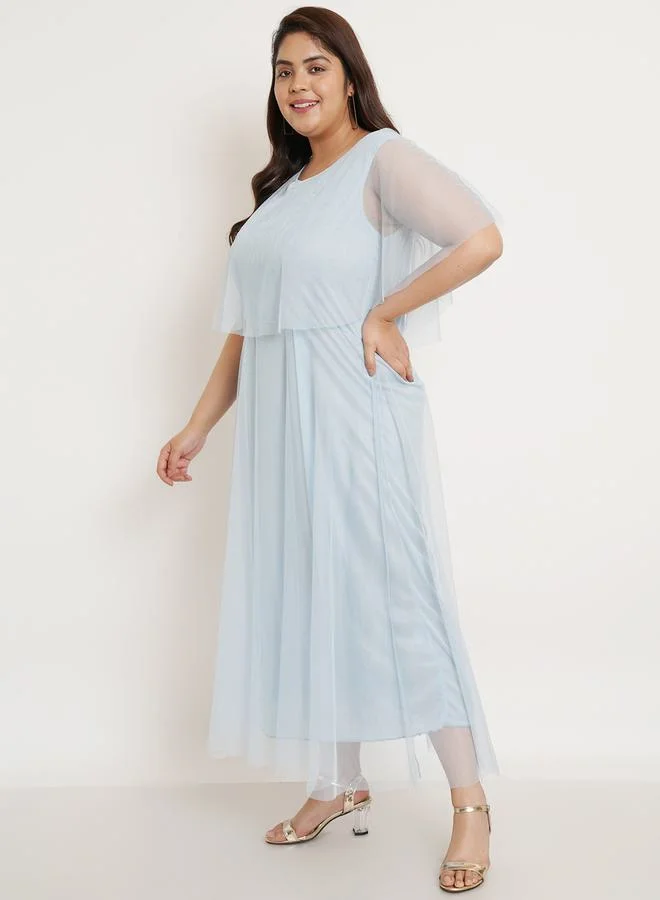 U&F Plus Mesh Insert Cape Sleeves A-Line Maxi Dress by Styli