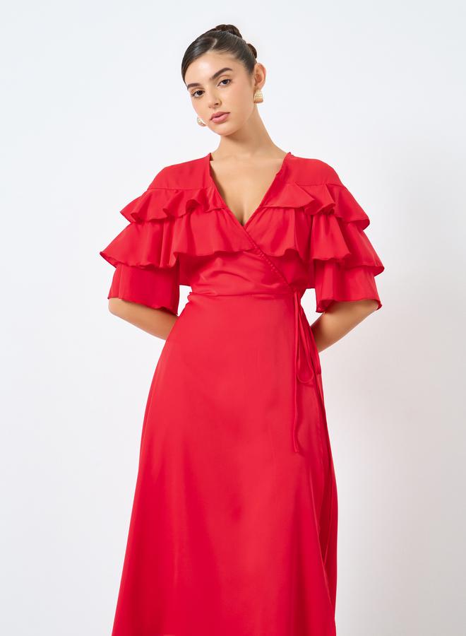 Styli Solid Ruffled Detail Wrap Midi Dress - Image 3