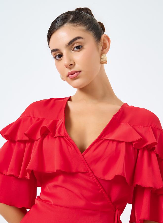 Styli Solid Ruffled Detail Wrap Midi Dress - Image 4