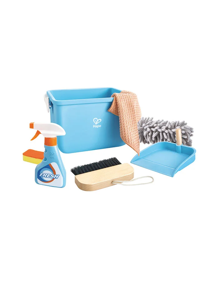 Hape Hape Clean Up Bucket Set | Pretend Play Cleaning Kit for Kids | Includes Bucket, Water Sprayer, Towel, Dustpan, Brush, Sponge, and Duster | Perfect for Developing Fine Motor Skills, Ages 3 Years and Up