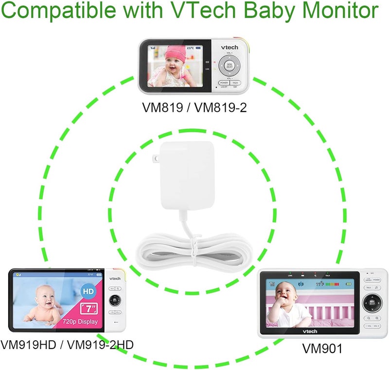 LEFXMOPHY كابل طاقة LEFXMOPHY لجهاز مراقبة الأطفال VTech VM901 VM919HD VM9192HD VM819 VM8192 وحدة الوالدين المحمولة ليس لوحدة الكاميرا بديل 5V شاحن أبيض محول UL مع كابل بطول 5 أقدام - Image 3