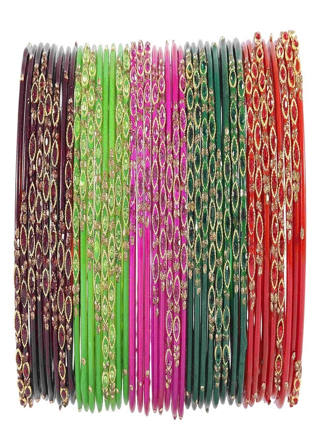 NMII Glass and Zircon Gemstone, Beads Studded Glossy Finished Bangle Set For Women/Girls, (Multicolor_2.2 Inches), Pack of 40 Bangles - Image 1