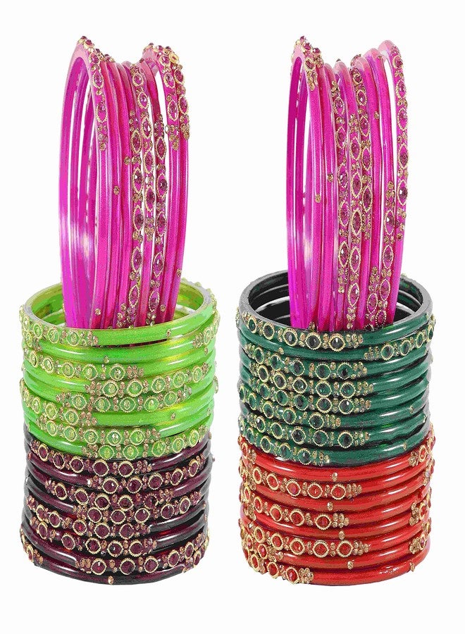 NMII Glass and Zircon Gemstone, Beads Studded Glossy Finished Bangle Set For Women/Girls, (Multicolor_2.2 Inches), Pack of 40 Bangles - Image 4