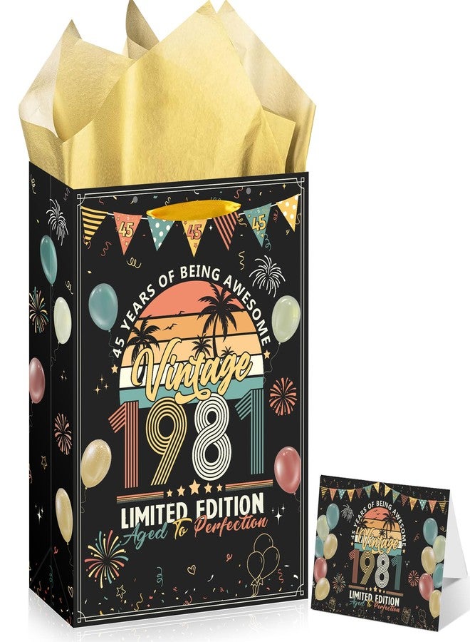 RUBOAOA 45th Birthday Gift Bag, Happy 45th Birthday Party Decorations for Men, 45 Years Old Gifts Wrap Bag with Greeting Card and 3 Gold Tissue Papers for Men Women Vintage 1981 Celebration - Image 1